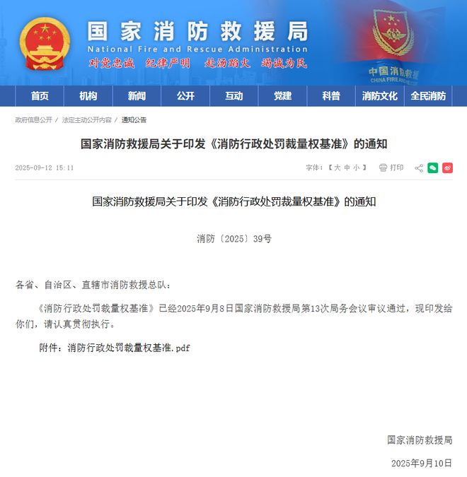 《消防行政处罚裁量权基准》涉消防技术服务27类11月9日起实施